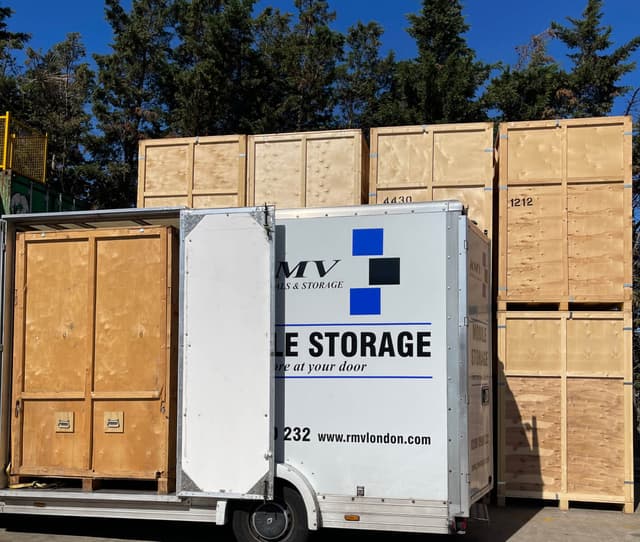 Storage container loaded on an RMV mobile storage van