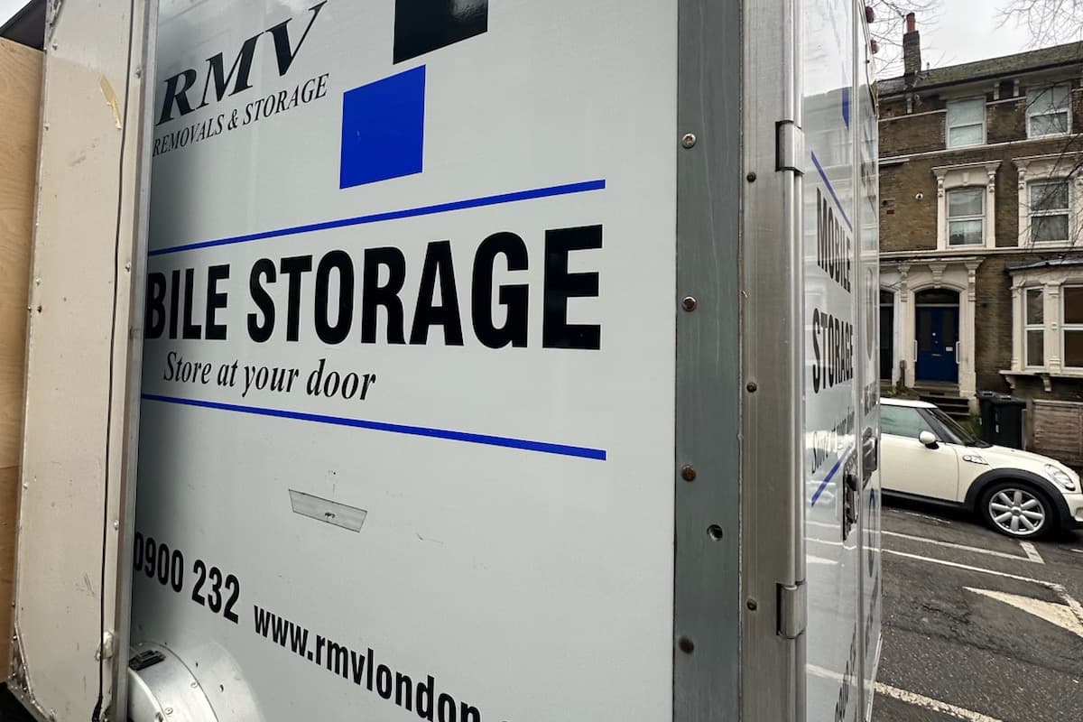 Side of an RMV Mobile Storage van parked on a London street